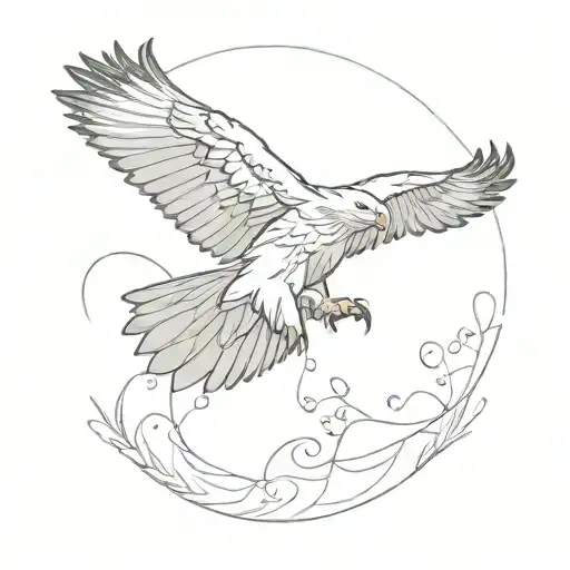 Small golden eagle from birds eye view with some designs around it  tattoo design idea