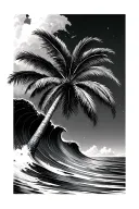 palm tree with barreling wave in background looking through lens tattoo design idea