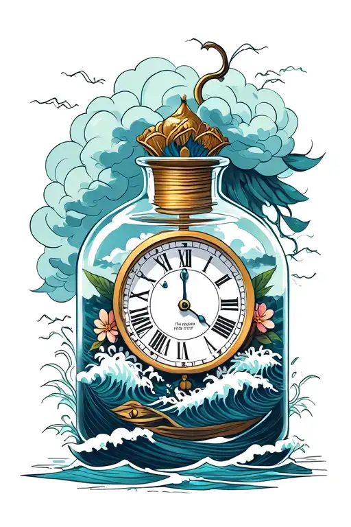 time in a bottle with clock and storm clouds inside and waves with Hoya flowers around the bottle tattoo design idea