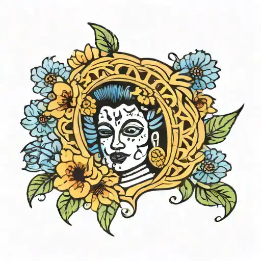 Guadalupe Mexican with blue cornflowers tattoo design idea