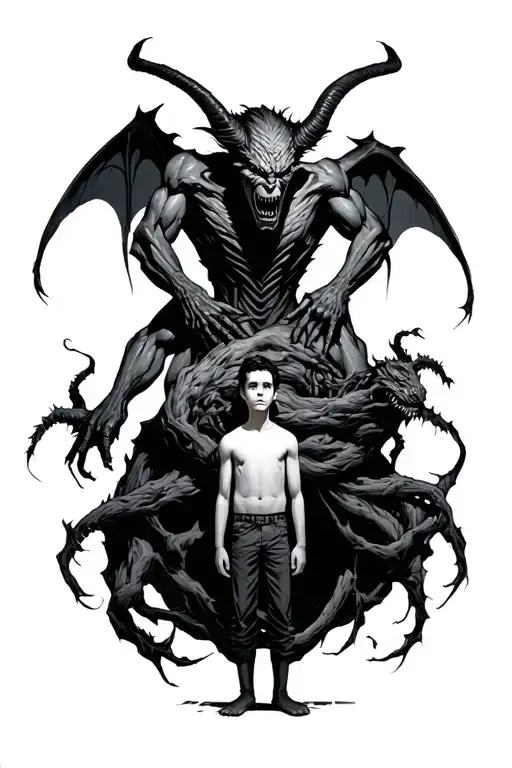 a young faceless boy standing with a demon behind him towering over him and wrapped around him tattoo design idea