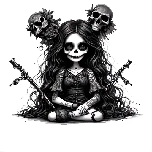 Voodoo doll, skulls, girl tattoo design idea