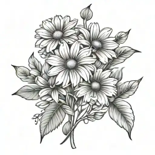 Daisy and sweet pea with plum blossoms and pennies  tattoo design idea
