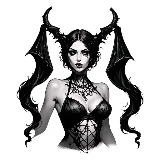 Gothic, Succubus, Big Boobs, G-String, Ripped Bra, G-String, Portrait tattoo design idea
