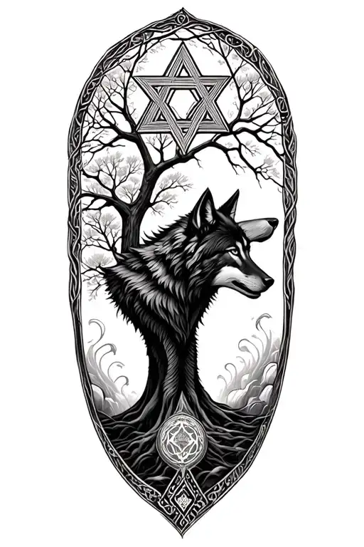 star David and tree of life and wolf intertwined tattoo design idea