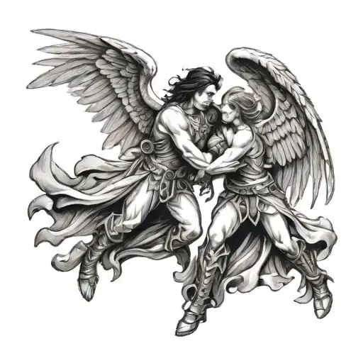 gothic angels fighting demons, violent, dark, angel winning tattoo design idea