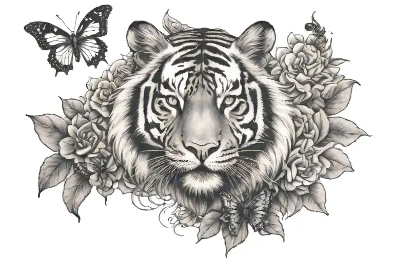 one male tiger with three lady bugs and two butterflies tattoo design idea
