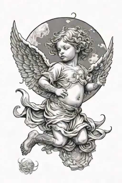 woman walking on earth baby angel in sky tattoo design idea
