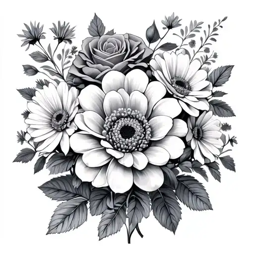 bouquet of zinnias, roses, chickory tattoo design idea