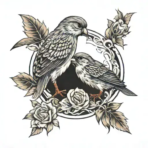 pornographic tattoo couple fucking and kissing each other. two sparrows in background having sex. kissing lips. tattoo design idea