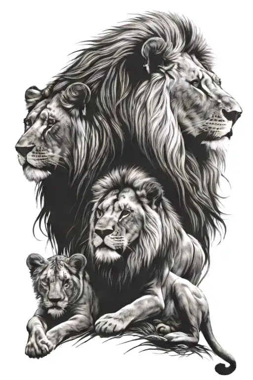 family of 4 lions. 1 male, 1 female, and 2 cubs face only tattoo design idea