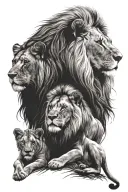 family of 4 lions. 1 male, 1 female, and 2 cubs face only tattoo design idea