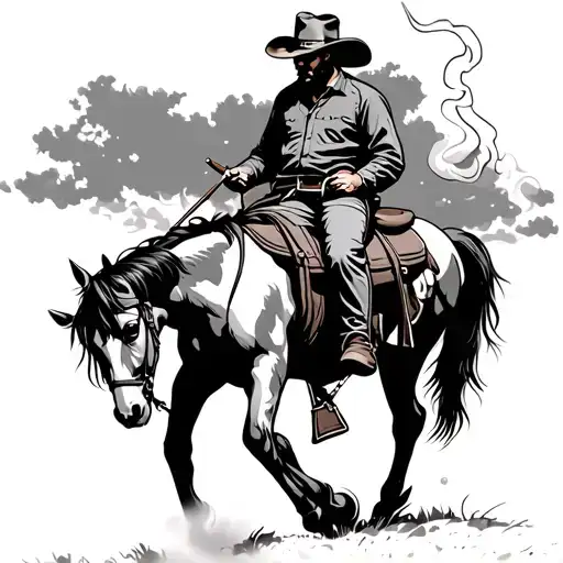 Cowboy Riding a horse with its head down while smoking cigarette tattoo design idea