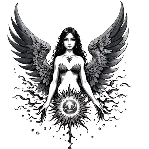 maiden girl with phoenix wings and sun in her chest tattoo design idea