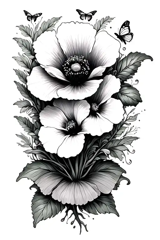 hip tat that has a poppy, hibiscus, Lilly, and honey suckle, with greenery and buterflies tattoo design idea