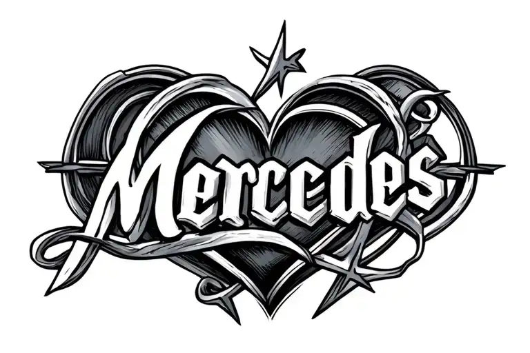 "Mercedes " heart beat with name intertwined within tattoo design idea