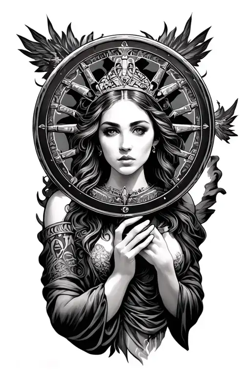 tyche holding wheel of fortuna tattoo design idea