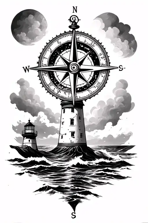 compass and lighthouse shining tattoo design idea