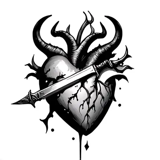 a heart with demon horns that has been stabbed with a knife going thru the middle  tattoo design idea