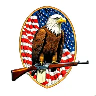 A patriotic bald eagle perched on a rifle with an American flag in the background tattoo design idea
