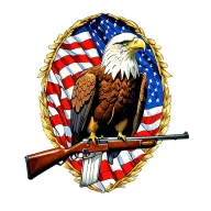 A patriotic bald eagle perched on a rifle with an American flag in the background tattoo design idea