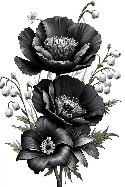2 poppies,1 violet flower, 1 lily of the valley and 2 forget me nots bouquet tattoo design idea