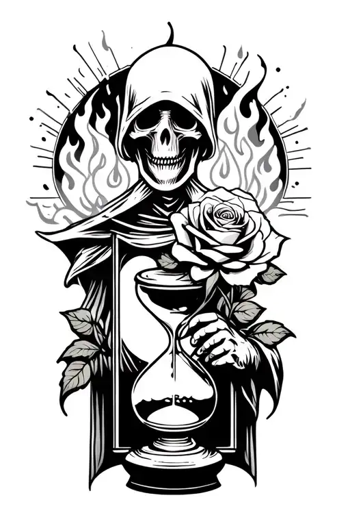 Grim Reaper holding Burning Rose with hourglass in the background tattoo design idea