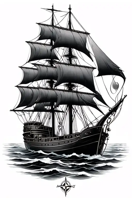 ship and a metallic compass rose intertwined tattoo design idea