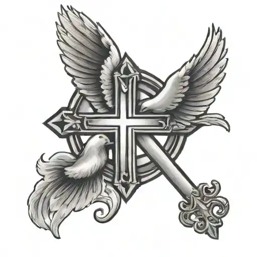 Catholic cross with dove flying together tattoo design idea