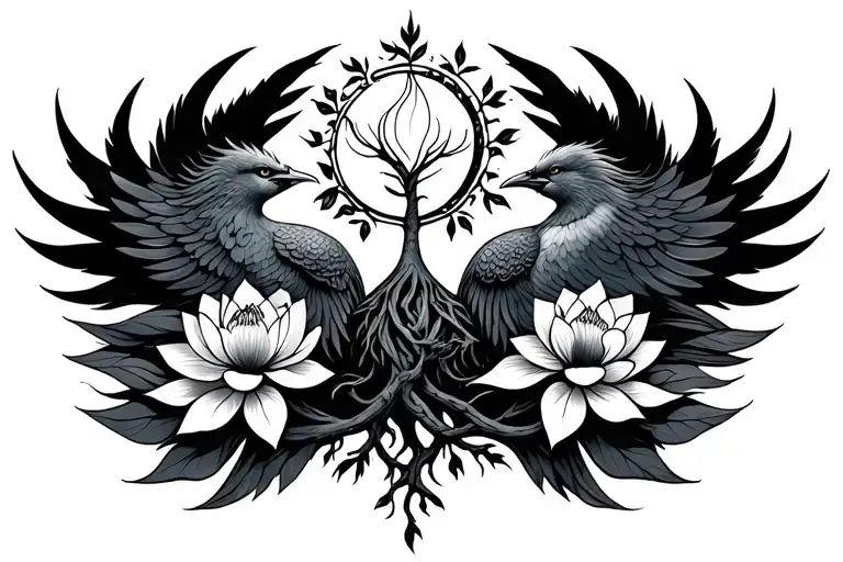 phoenixes rebirth lotus flowers awakening and tree of life interconnectedness tattoo design idea