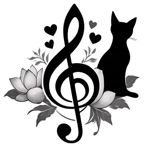 treble clef intertwined with 3 hearts, a lotus, and a cat silhouettes tattoo design idea