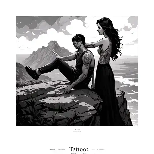 man sitting on the edge of a cliff, woman standing behind him, she has her hand on his shoulder tattoo design idea