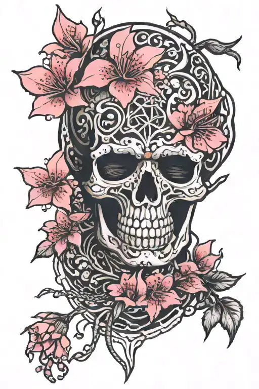 red flower of death with pink cherry blossoms tattoo design idea