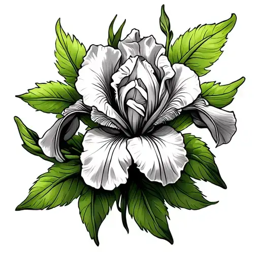 Iris flower on knee with green leaves all around flower with text around “Устај живи, бори се не клони” tattoo design idea