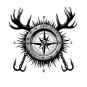 Hunting Compass alaska moose antlers bear claws fishing hooks skulls mountains tattoo design idea