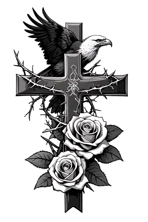 two roses, cross, eagle, crown of thorns wrapping tattoo design idea