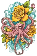 octopus, snowdrop, rose,  marigold flower tattoo design idea