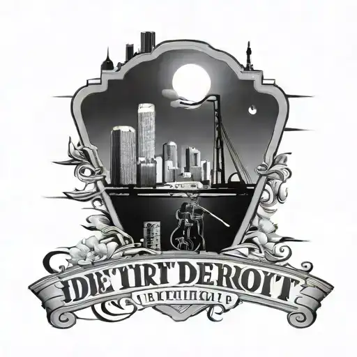 Incorporate musical instruments silhouettes into the Detroit skyline and a 7 mile street sign design tattoo design idea