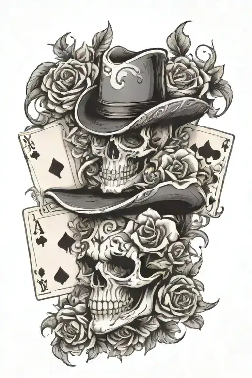 western floral with playing cards and and skull soft shading tattoo design idea