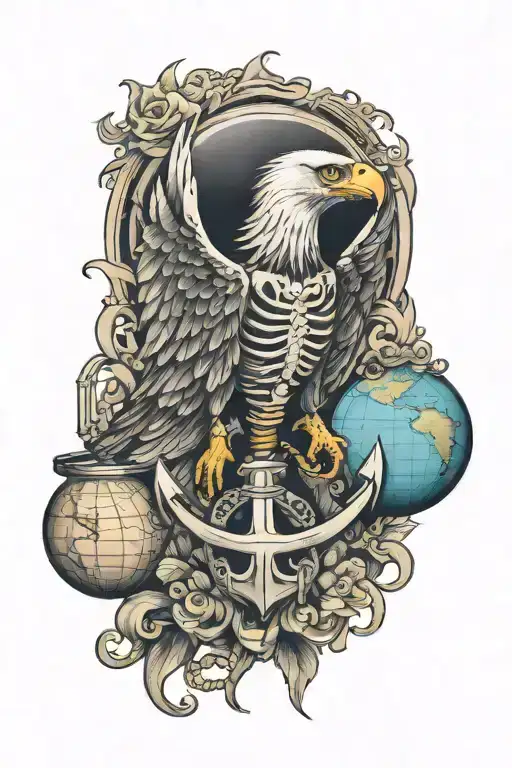 skeleton eagle, globe and anchor tattoo design idea