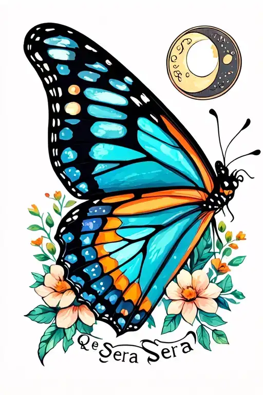 Butterfly with quarter moon on top and que sera sera word tattoo design idea