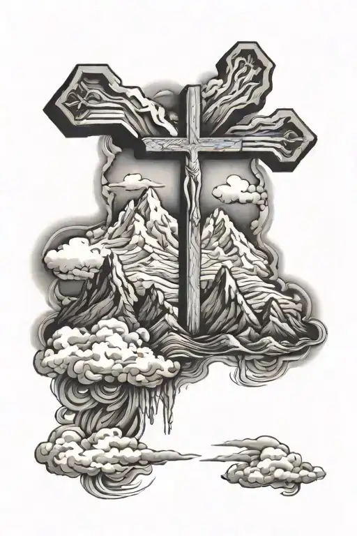 mountain range with giant cross coming out and the cross goes through clouds tattoo design idea