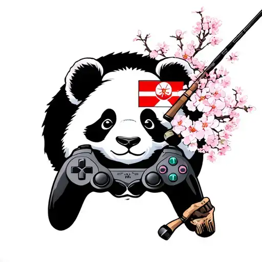 a sleeve with a fishing rod in memory of papa bud, a panda, video game controller, japanese cherry blossoms, a flag that tattoo design idea