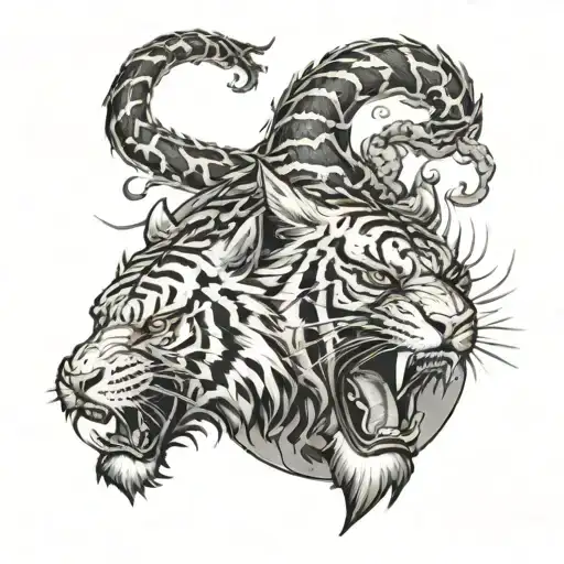 Tiger, with a dragon breathing fire, and Zeus holding tattoo design idea