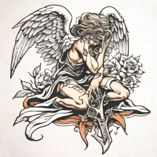 kneeling fallen angel tattoo design idea