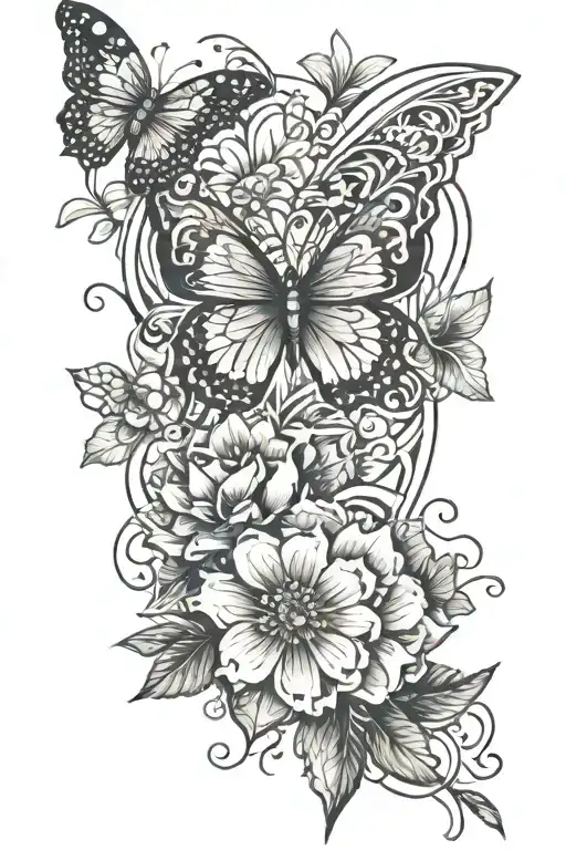 Flowers, black bands, butterfly, mandala design incorporating elements tattoo design idea