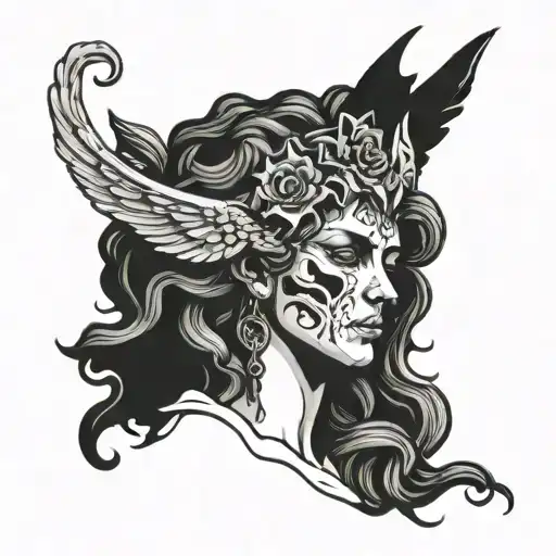 stone medusa statue sad with crack combinated with skeleton with angel wings hugging her tattoo design idea