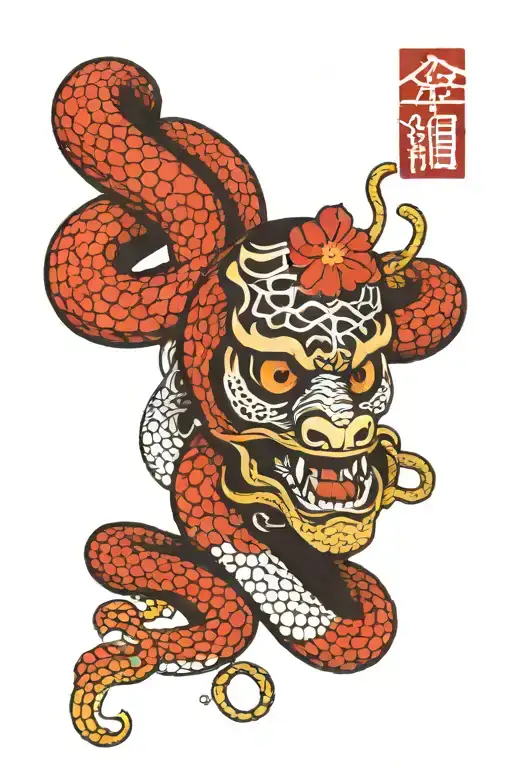 snake and japanese mask tattoo design idea