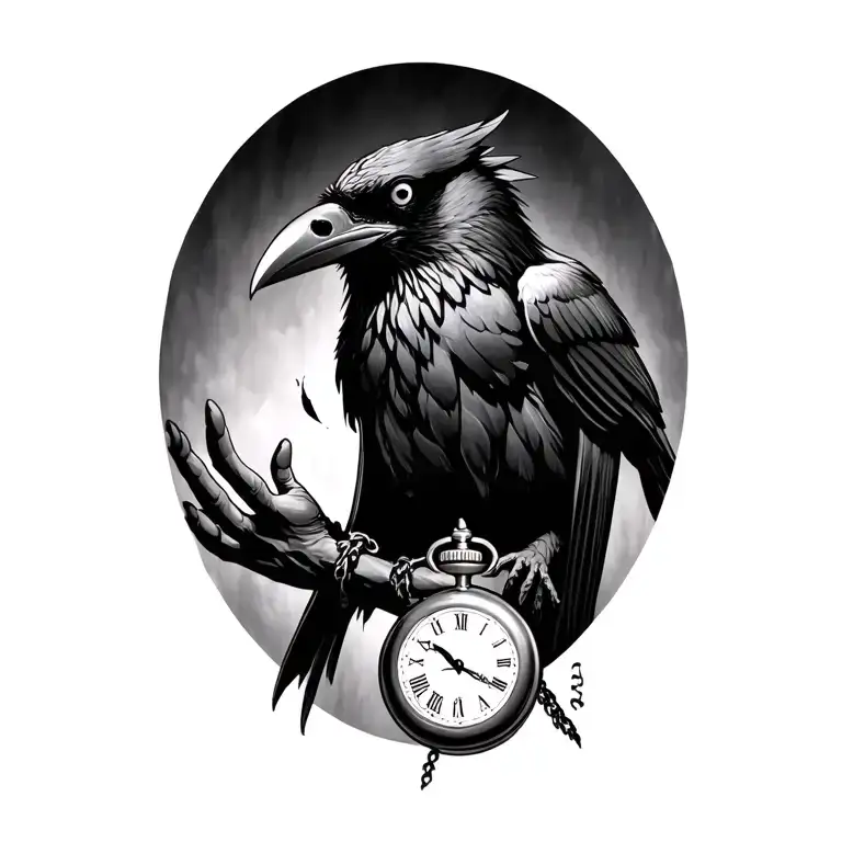 raven holding pocketwatch tattoo design idea