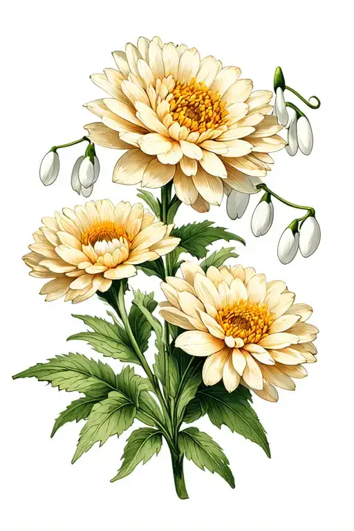 chrysanthemum and snowdrop vintage botanical illustration tattoo design idea